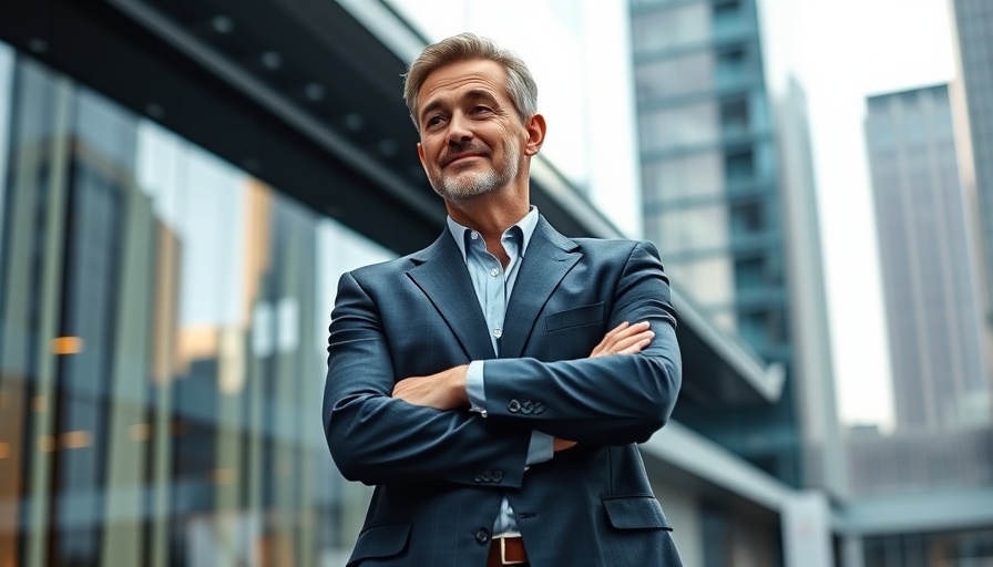 Confident man reflecting on AI data integration next to cityscape.