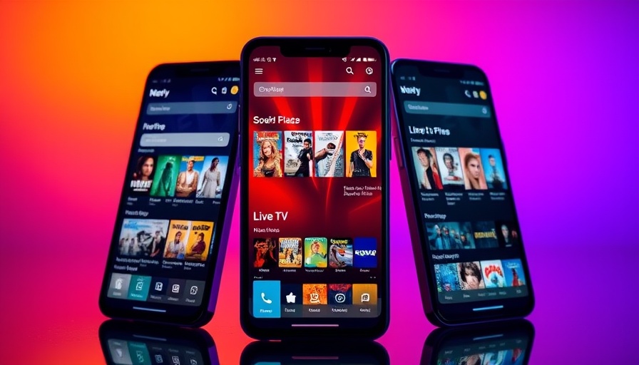 Three smartphones displaying streaming app interfaces with vibrant graphics.