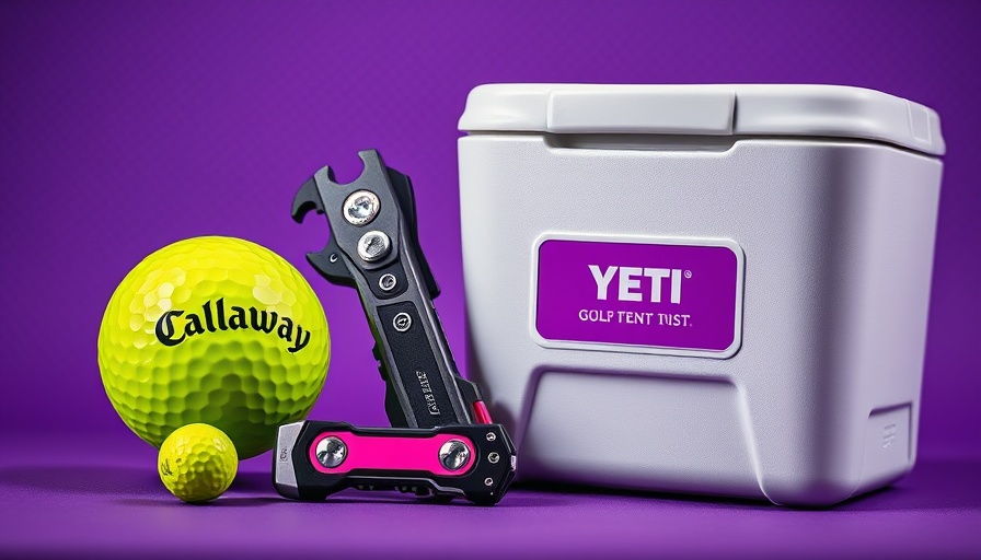 Golf gear including Callaway tool and YETI cooler on purple backdrop.