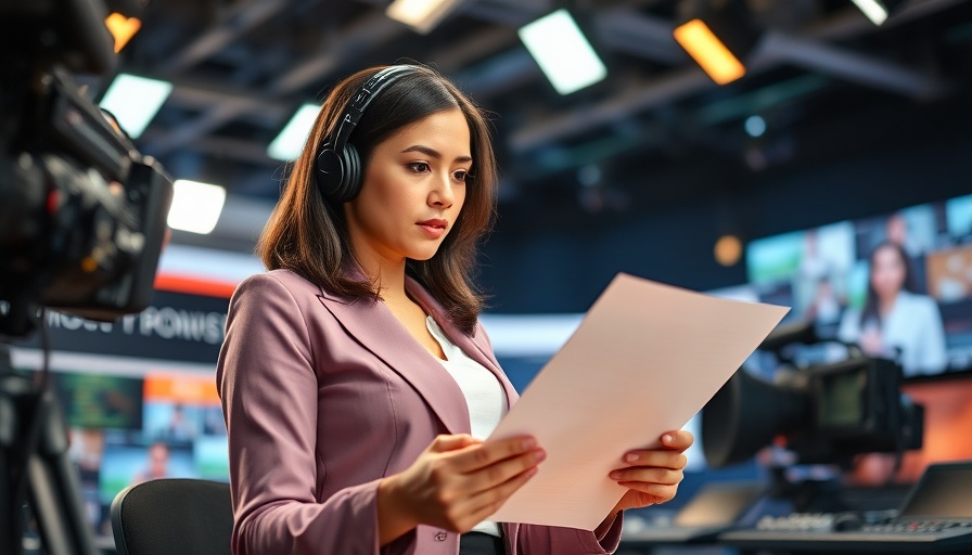 CBS Evening News broadcast studio scene, professional broadcaster reviewing papers.