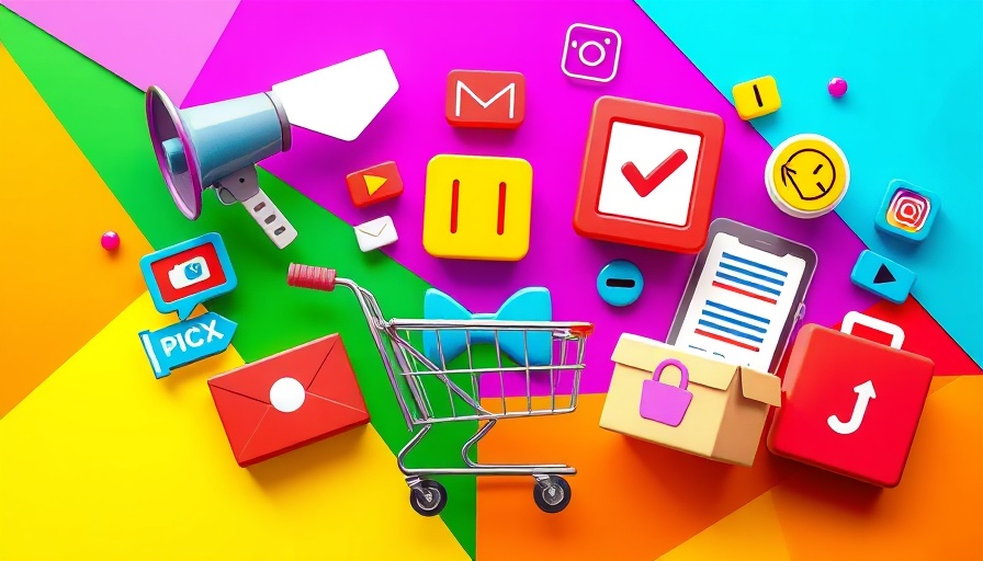 Vibrant retail media illustration with shopping icons.