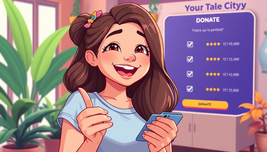 Cartoon woman donating via tech interface in nonprofit setting.