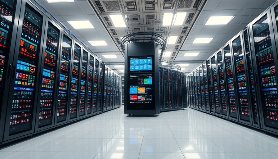 Advanced supercomputing system in a modern data center showcasing digital displays.