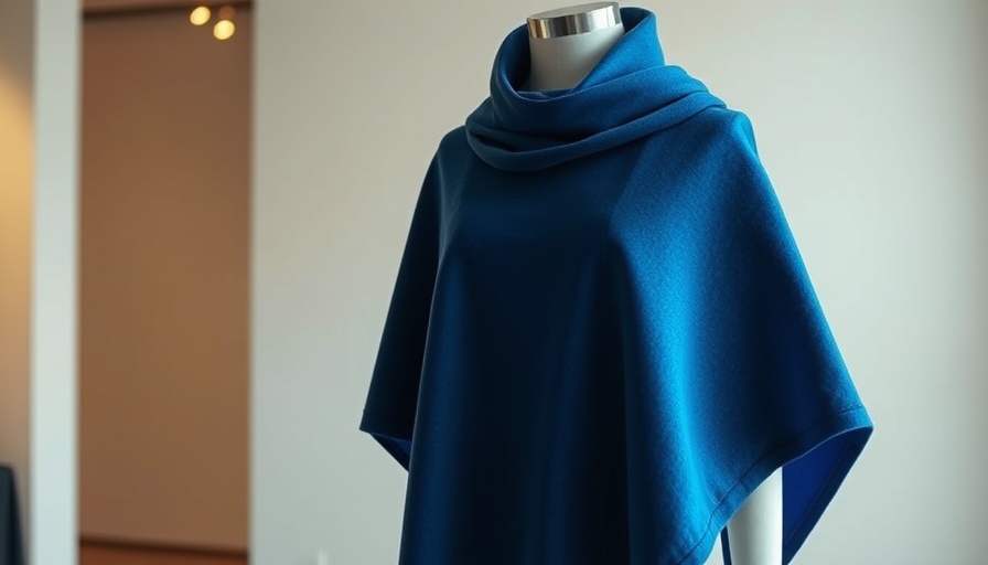 Stylish blue poncho displayed in a neutral setting.