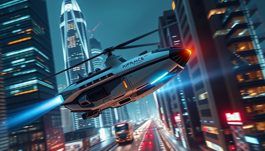 Futuristic Vertical Aerospace vehicle flying over illuminated cityscape.