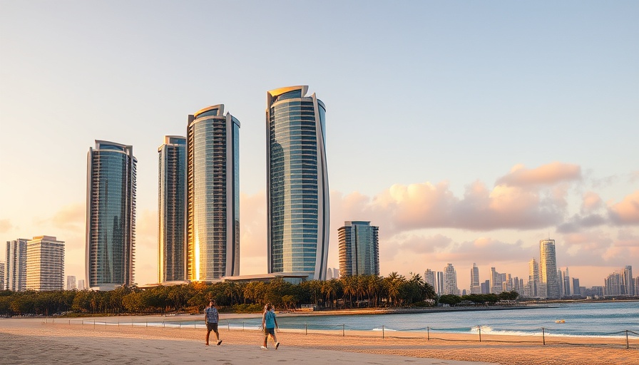 Coastal skyscrapers at sunset with two walkers