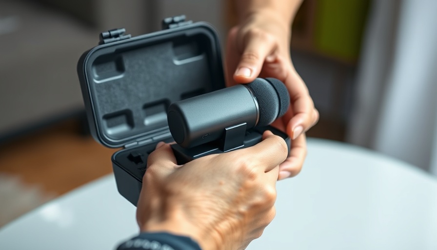 DJI Mic Mini being placed in the charging case, close-up view.