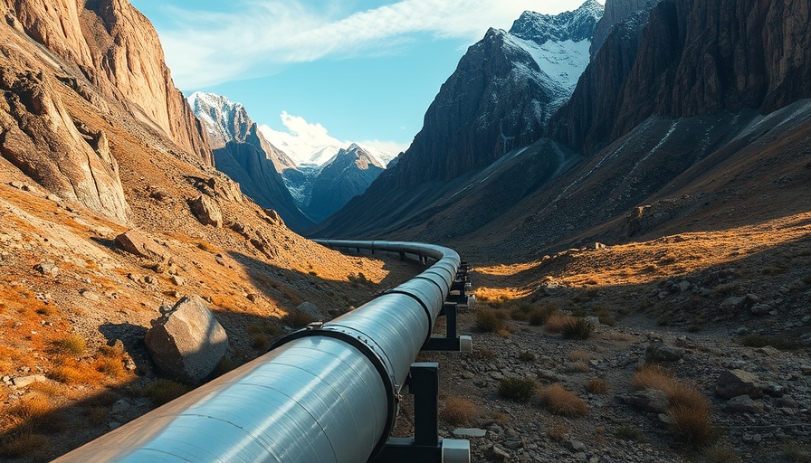 Vast landscape with a pipeline symbolizing a machine learning pipeline intertwined with nature.