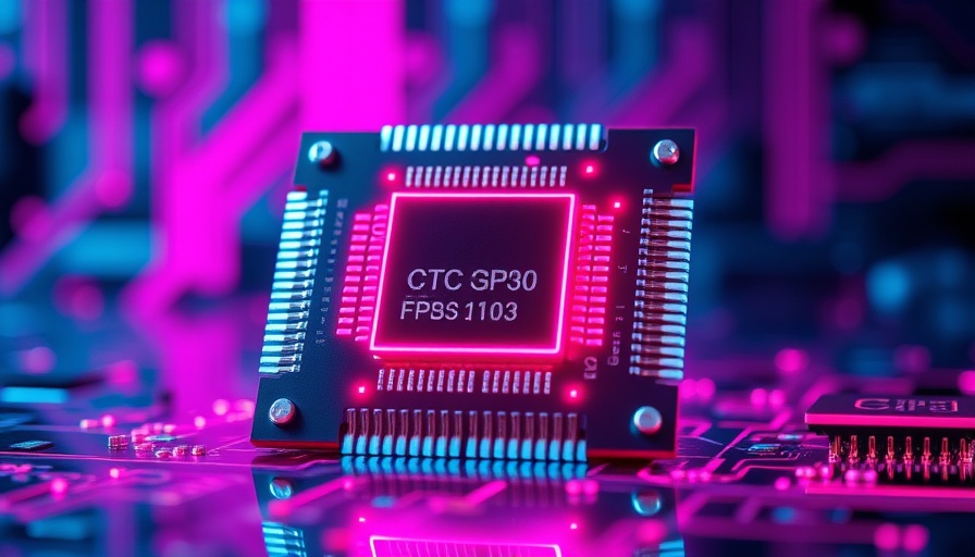 Futuristic CPU chip with neon lights representing Intel funding.
