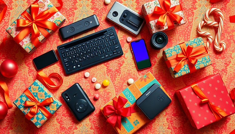 Holiday tech gifts on colorful background with vibrant decorations.