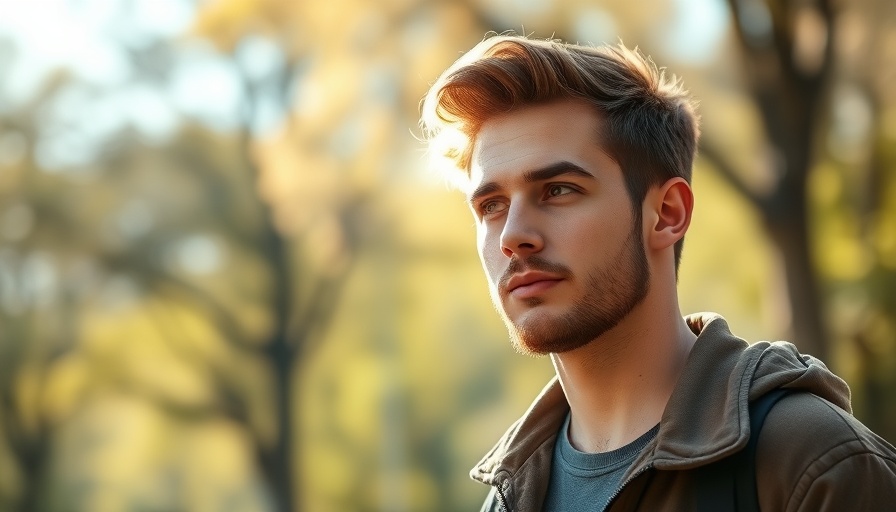 Young man in green jacket outside, thoughtful look, park setting.