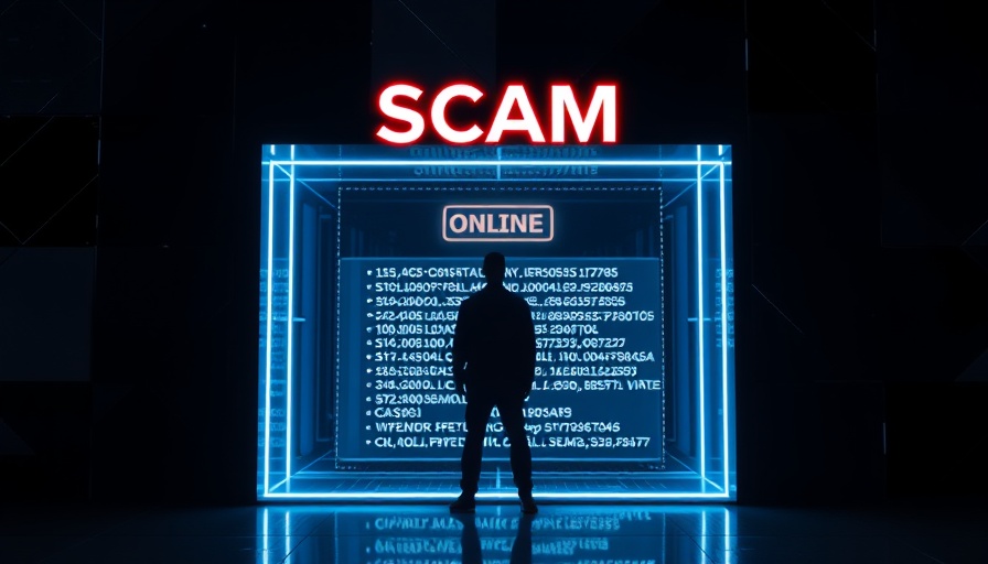 Futuristic AI scam interface with digital elements and silhouette.