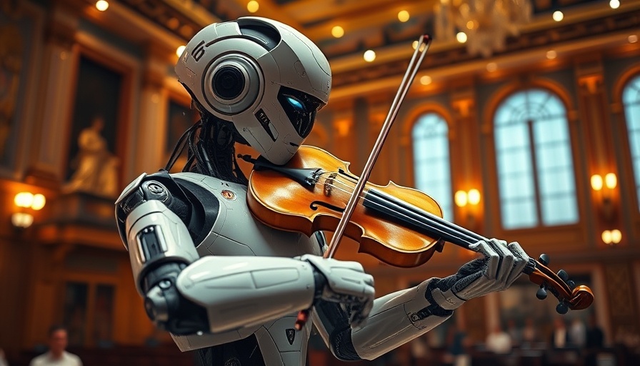 Fugatto AI innovation robot playing violin in elegant concert hall.