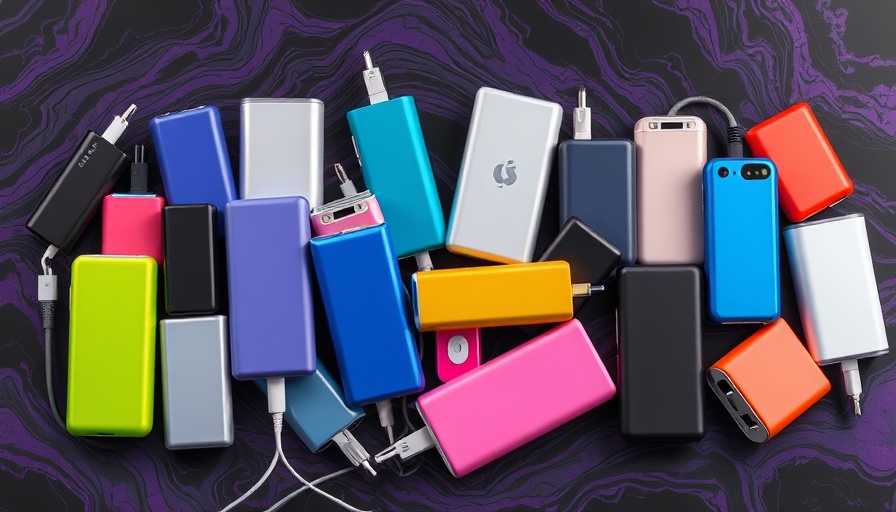 Collage of modern portable chargers, sleek design on marbled background.