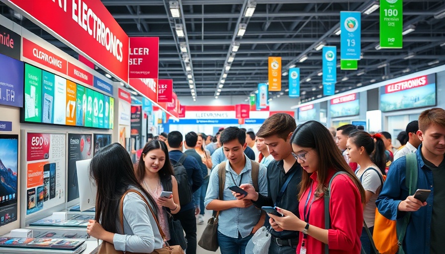 Black Friday tech deals in a vibrant electronics store.