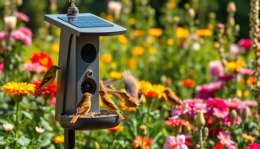 Modern smart bird feeder with solar panels in a vibrant garden.