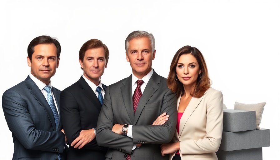 TV news anchors posing for evening news ratings promo.