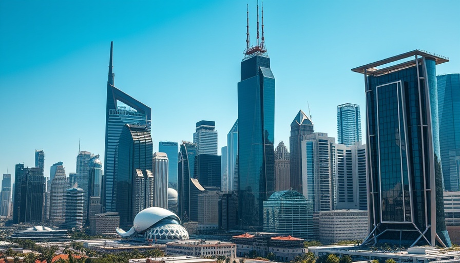 Futuristic urban skyline showcasing AI architecture