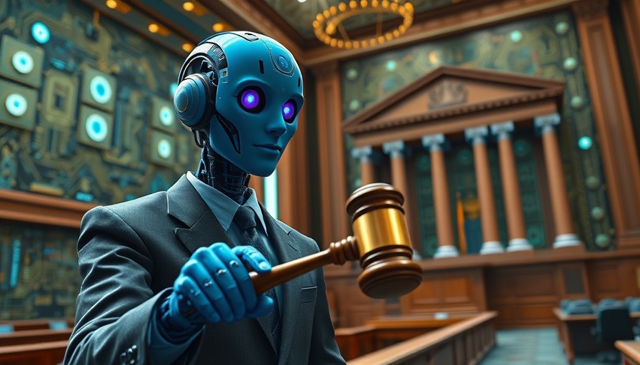 AI regulation concept depicted with humanoid and gavel in tech court.
