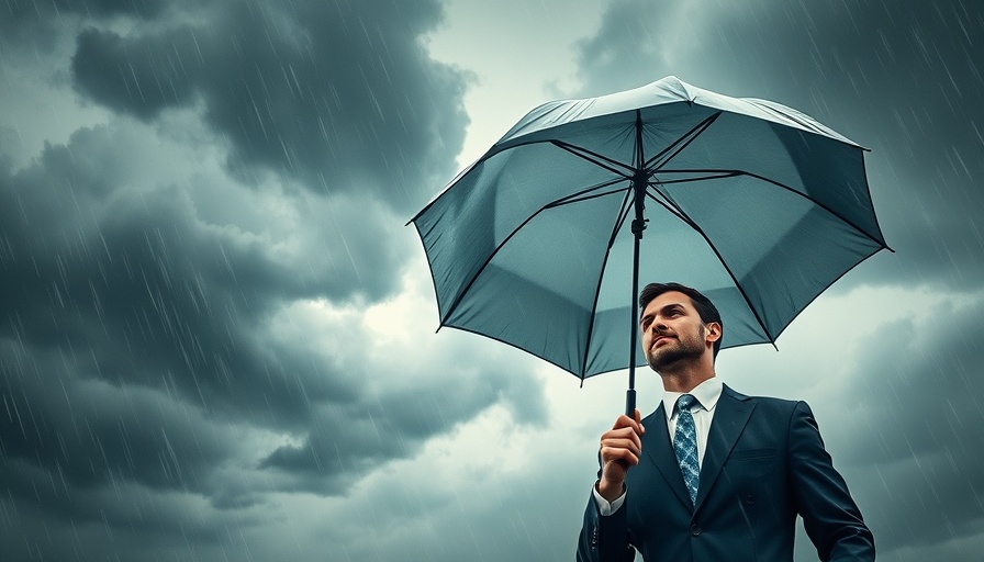 Businessman with umbrella symbolizes weather insurance amidst storm.