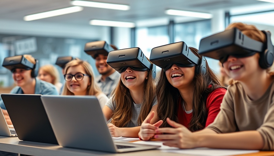 Students engaged in AI education with laptops and VR headsets.