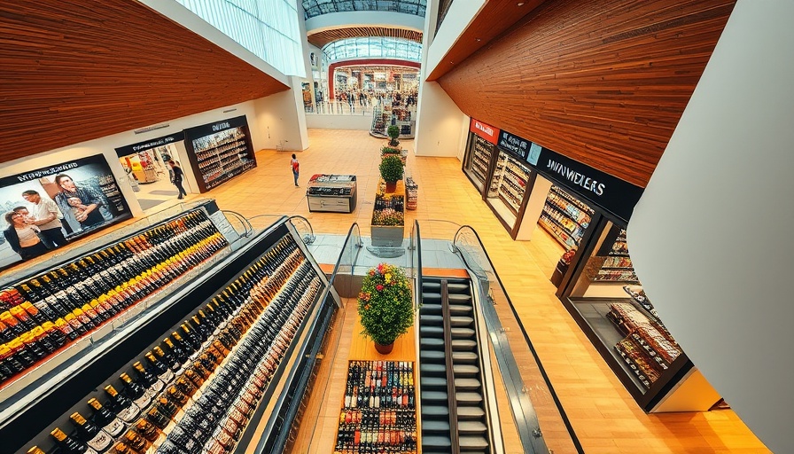 Aerial view of a mall wine section with escalators showcasing retail dynamics.