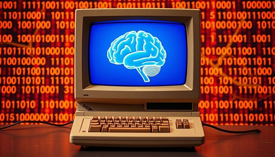 Retro computer with AI brain illustration and binary code background.