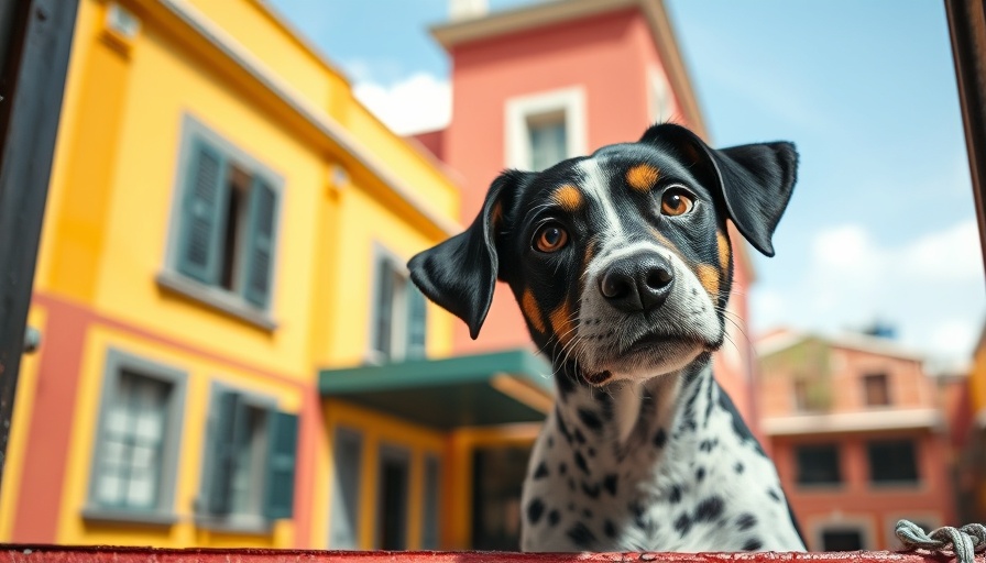 Spotted dog in window of colorful building, OpenAI Sora leak image.