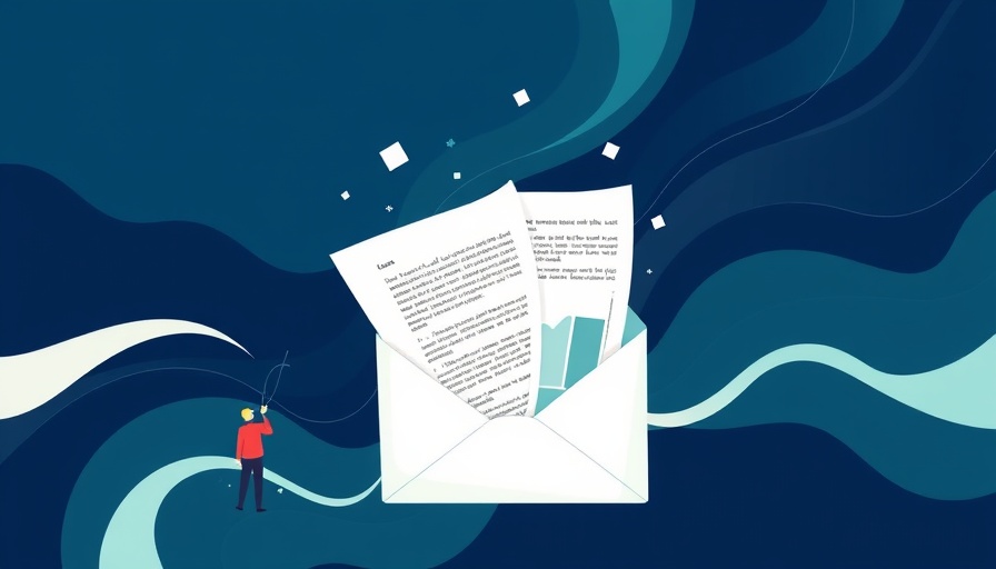 Minimalist cartoon of paper with text and graphs emerging from envelope
