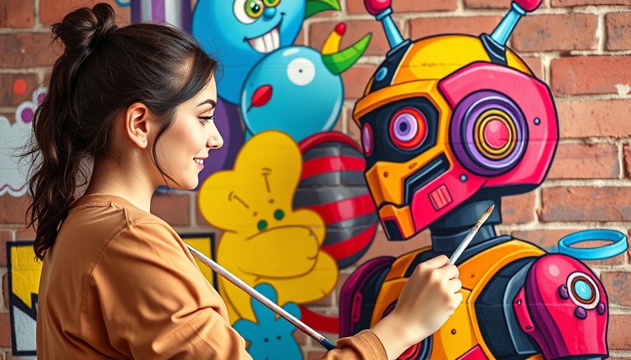 LLMs and Creativity depicted in a mural of a woman painting a robot