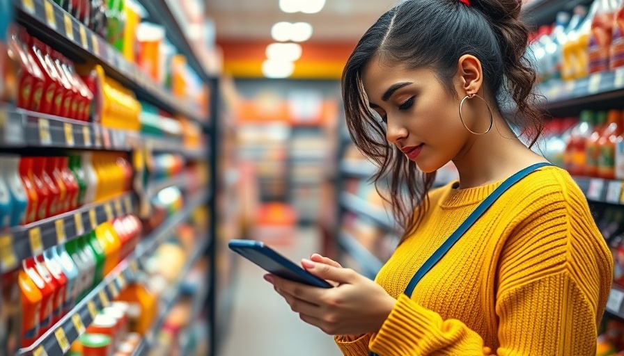 Woman using smartphone in grocery store, Grocery Retail Trends