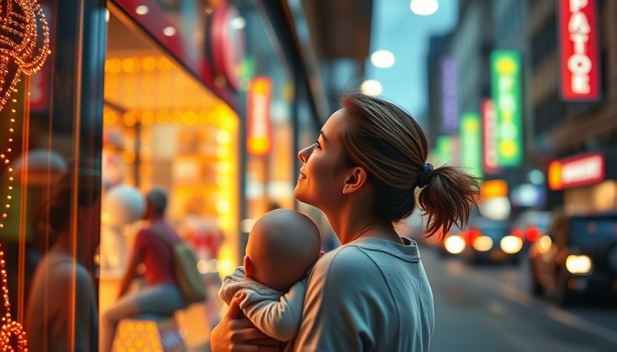 Young mother with baby exploring city lights, diamond industry trends.