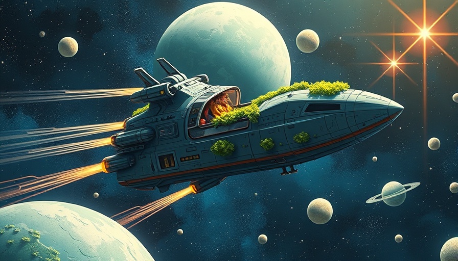 AI and innovation themed whimsical spaceship in space illustration.