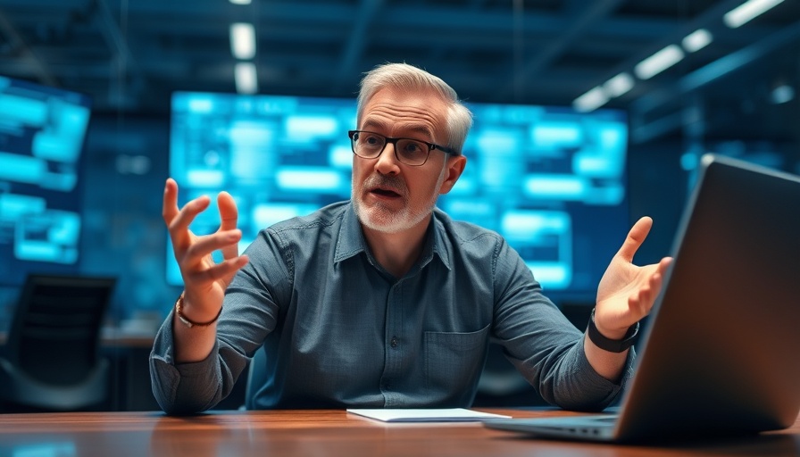 Man discussing HPC in AI at a conference table with laptops.