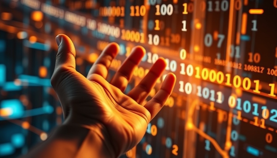 Hand interacting with binary code and AI network connections.