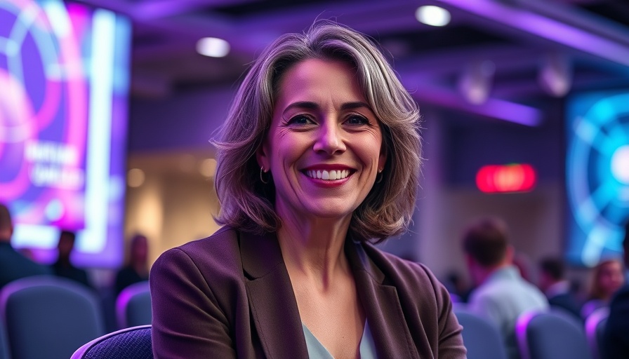 Smiling woman at digital conference with futuristic backdrop
