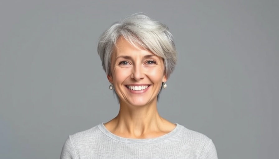 Smiling woman in black top, neutral background.