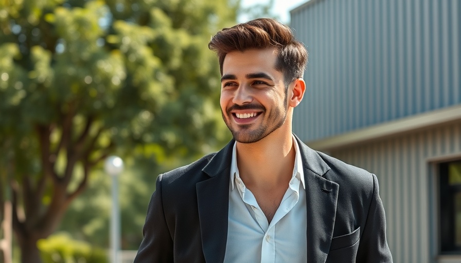 Man in black blazer walking outside with trees and building in background.