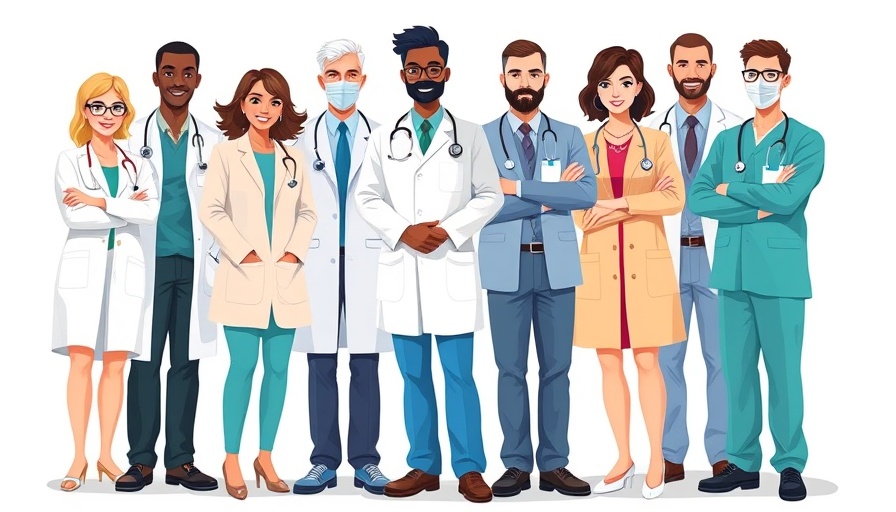 AI language model illustration of diverse doctors in medical attire.
