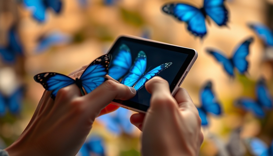 Hand holding smartphone with Bluesky app, deep blue butterfly background, Uber AI.