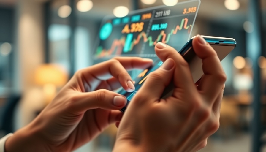 Futuristic AI investment app interface on smartphone.