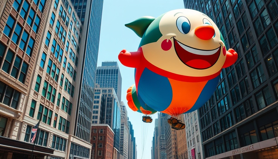 Parade balloons physics in city street with skyscrapers.