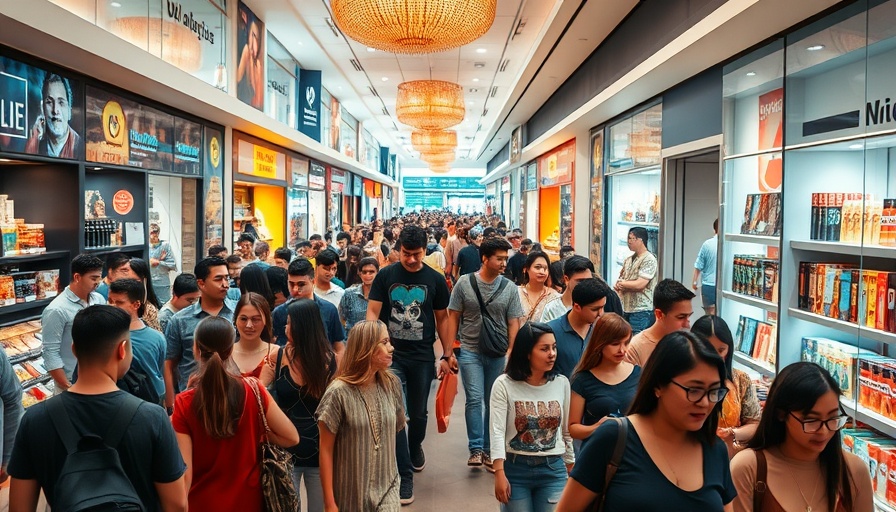 Shoppers exploring Black Friday deals in a busy mall.
