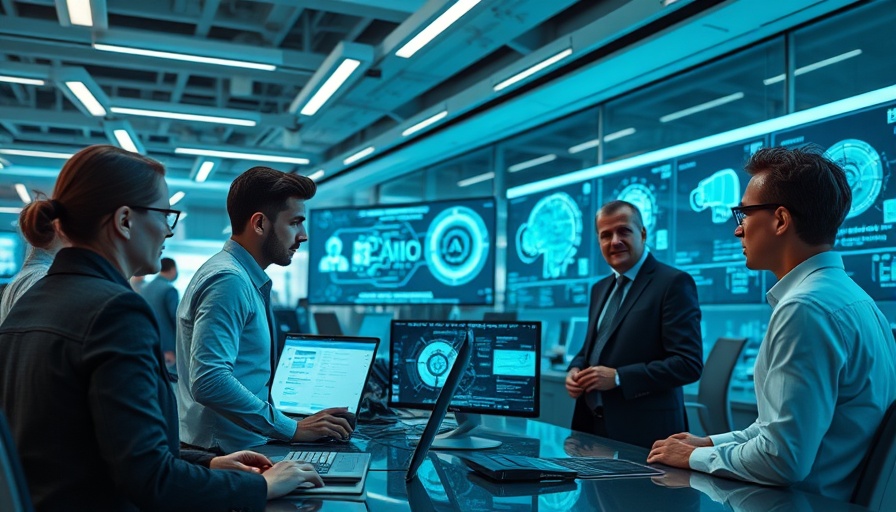 Futuristic office with AI technology and collaboration.