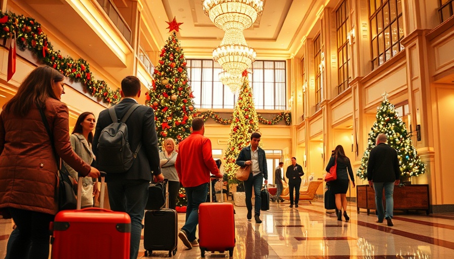Festive hotel lobby scene with travelers, Airbnb Holiday Ad.
