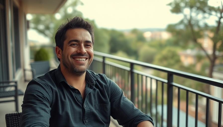 Casual smiling man at outdoor patio with city view, AI training