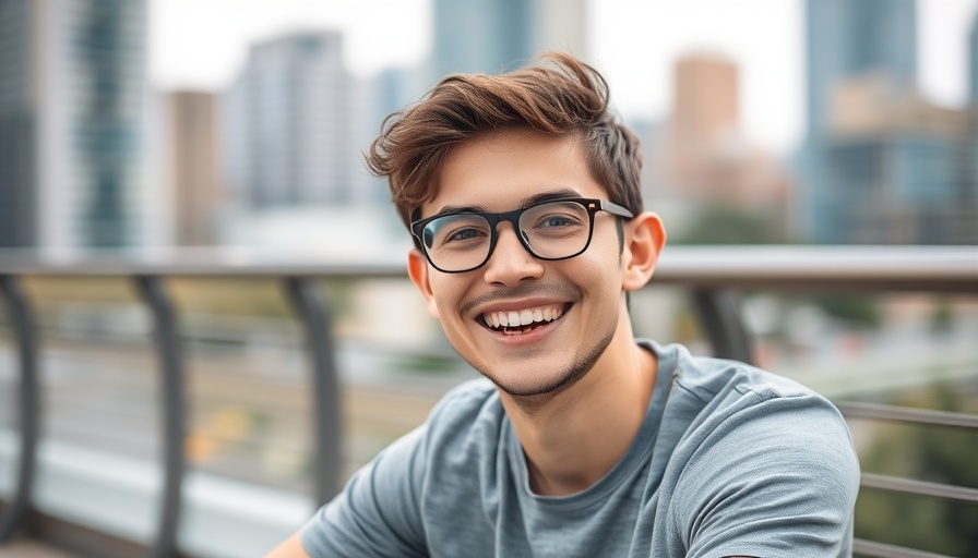 Smiling man outdoors with cityscape, discussing AI policy.