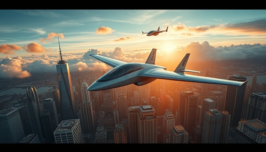 Innovative electric aircraft over futuristic cityscape, Electric Aviation.