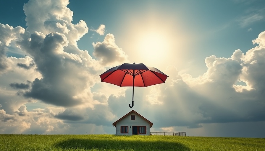 Weather insurance conceptual image of umbrella protecting house.