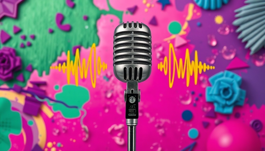 Vintage microphone with colorful abstract background and sound waves, NASA Space Launch theme.